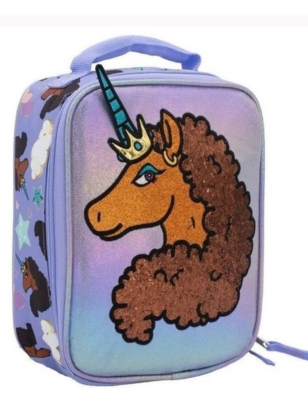 NWT Lavender Sparkle 3D Afro Unicorn Lunch Bag — 9.5x7.5